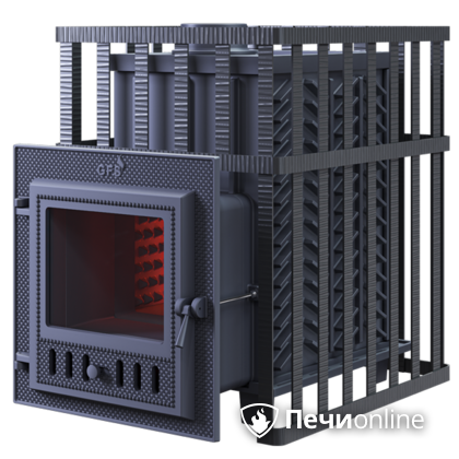 Дровяная банная печь Гефест ЗК в сетке-18 (М) чугунная дверца со стеклом, запатентованная каменка сетка в Нефтеюганске